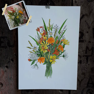 Wedding bouquet illustration by Alice Draws the line, capturing wedding day flowers as bespoke artwork to keep forever