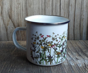 illustrated spring wildflowers enamel mug by Alice Draws The Line, hedgerow flowers ,