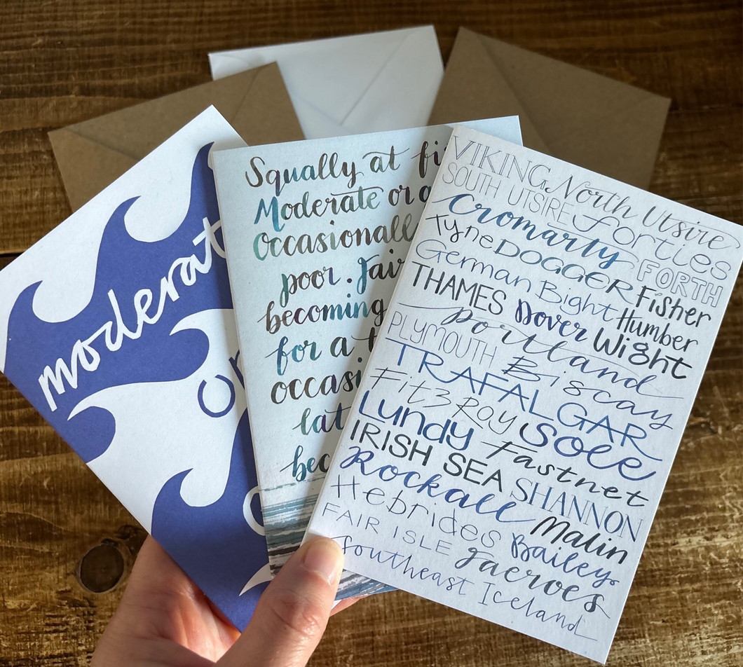 Set of three Shipping Forecast cards by Alice Savery of Alice Draws the Line blank inside