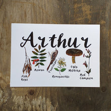 Load image into Gallery viewer, Woodland Alphabet Name Print with flora and fauna illustrations for each letter of the name, birth print, name print, nursery print, christening gift,