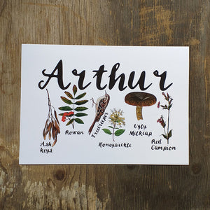 Woodland Alphabet Name Print with flora and fauna illustrations for each letter of the name, birth print, name print, nursery print, christening gift,