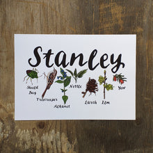 Load image into Gallery viewer, Woodland Alphabet Name Print with flora and fauna illustrations for each letter of the name, birth print, name print, nursery print, christening gift,