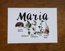 Load image into Gallery viewer, Woodland Alphabet Name Print with flora and fauna illustrations for each letter of the name, birth print, name print, nursery print, christening gift,