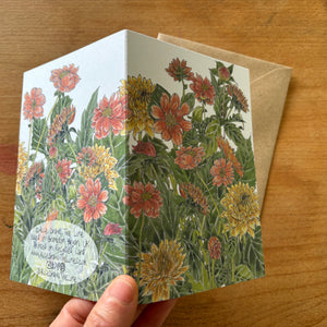 Delightful Dahlias botanical illustration greeting card by Alice Savery of Alice Draws the Line