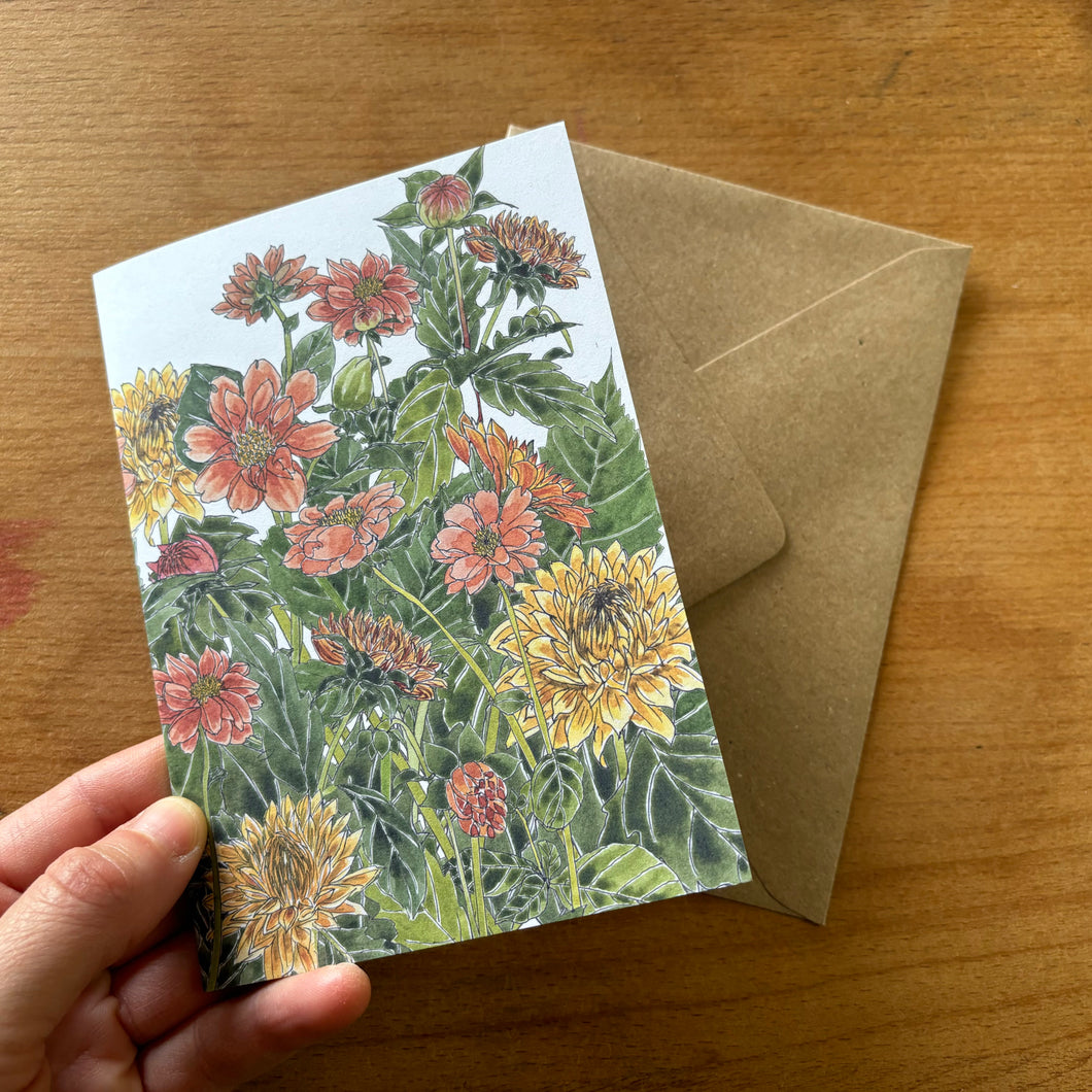 Delightful Dahlias botanical illustration greeting card by Alice Savery of Alice Draws the Line