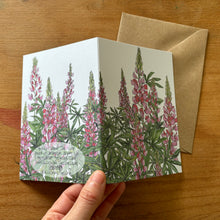 Load image into Gallery viewer, Lovely lupins greeting card by Alice Savery artist of Alice Draws the Line, botanical greeting cards on recycled card, printed in the UK