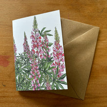 Load image into Gallery viewer, Lovely lupins greeting card by Alice Savery artist of Alice Draws the Line, botanical greeting cards on recycled card, printed in the UK