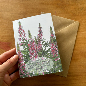 Lovely lupins greeting card by Alice Savery artist of Alice Draws the Line, botanical greeting cards on recycled card, printed in the UK