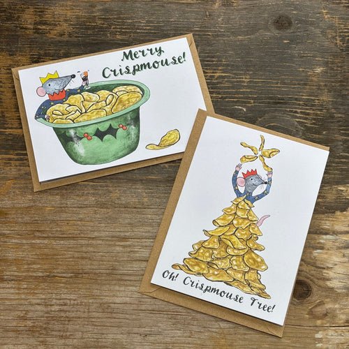 Christmas Cards with Crisps and mice celebrating -one in a bowl of crisps and the other making a tree from crisps.