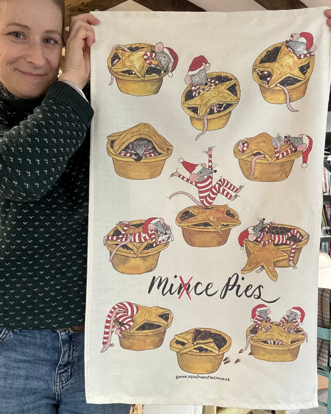 Mice Pie Mince Pie Tea Towel by Alice Savery of Alice Draws the Line