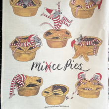 Load image into Gallery viewer, Illustrations of mince pies with mice in festive outfits on an unbleached organic cotton tea towel by Alice Savery of Alice Draws the Line