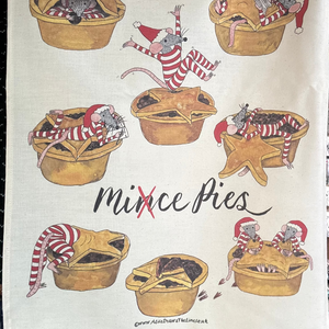 Illustrations of mince pies with mice in festive outfits on an unbleached organic cotton tea towel by Alice Savery of Alice Draws the Line