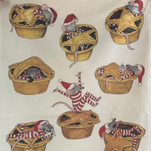 Load image into Gallery viewer, Illustration of mice in Christmas hats and pyjamas by Alice Savery, inside star-shaped mince pies on an unbleached organic tea towel printed in the UK