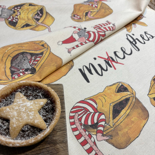 Mice Pie Mince Pie tea towel by Alice Savery of Alice Draws the Line, unbleached organic tea towel