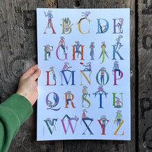 Load image into Gallery viewer, An illustrated alphabet with ‘Mouse’ playing on or in each letter. Original created in watercolour and ink collage, digital A3 nursery print.