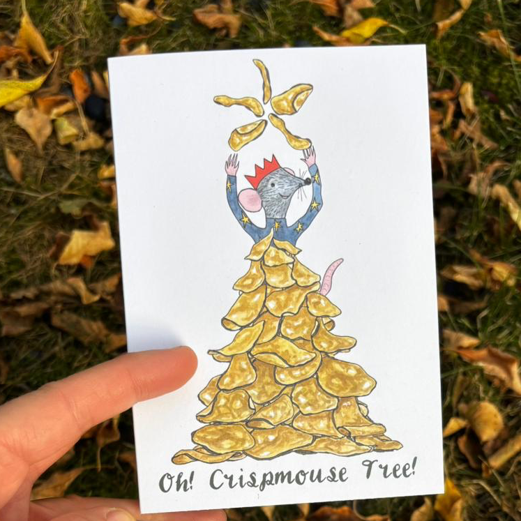 Oh! Crispmouse Tree! Christmas Card design by Alice Savery of Alice Draws the Line, illustrated mouse Christmas Card copyright Alice Savery 2025