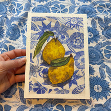 Load image into Gallery viewer, Card with illustration of two yellow quinces on a blue floral patterned tablecloth by Alice Savery of Alice Draw the Line