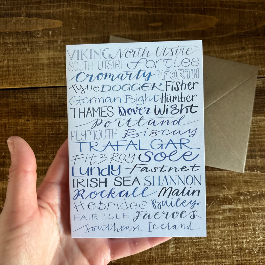 Sea Areas of the Shipping Forecast by Alice Savery of Alice Draws the Line, hand lettering, calligraphy