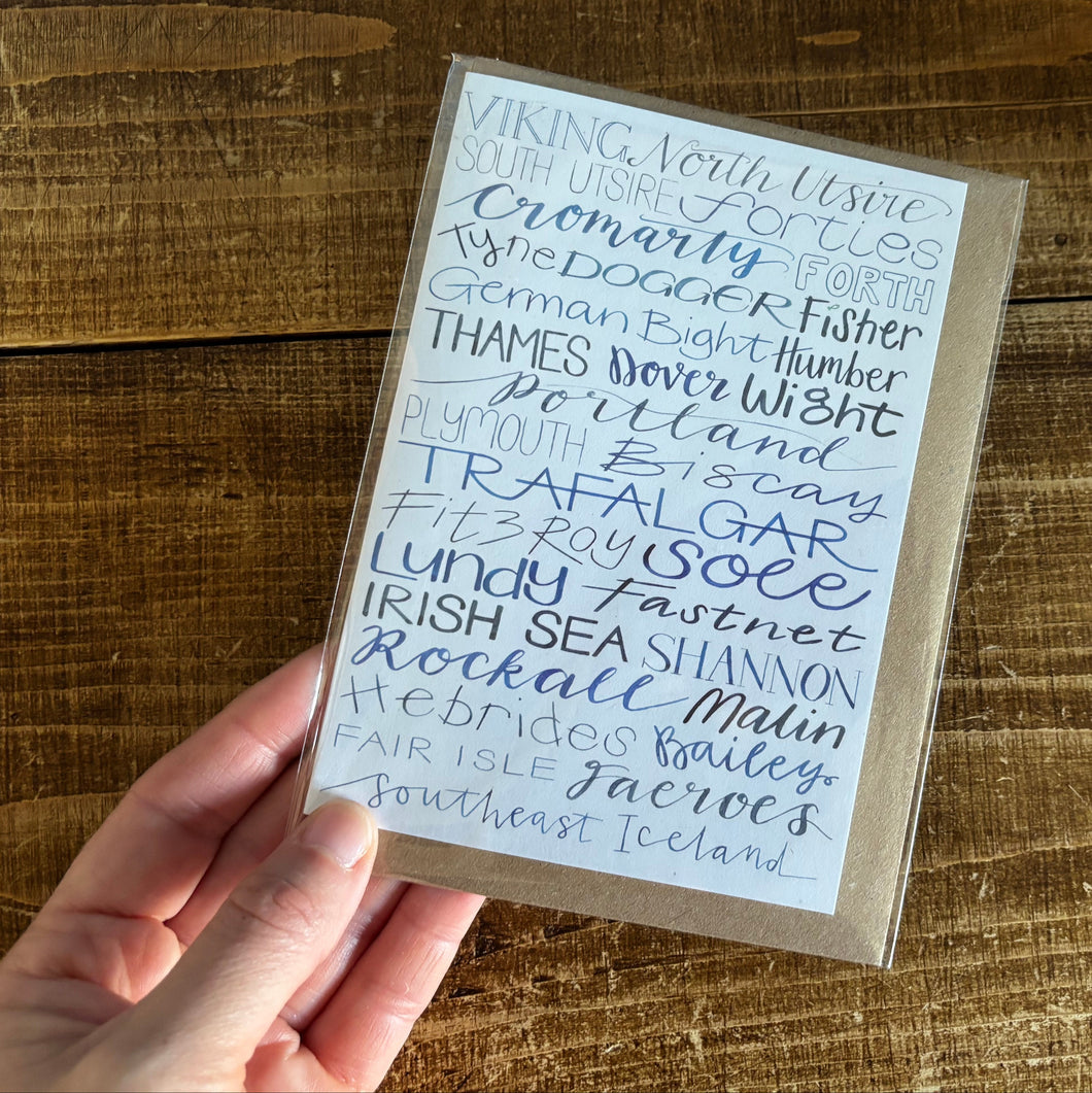 Sea Areas of the Shipping Forecast by Alice Savery of Alice Draws the Line, hand lettering Optional cellophane wrapping