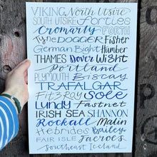 Load image into Gallery viewer, hand lettered print of the 31 sea areas of the Shipping Forecast by Alice Savery of Alice Draws the Line