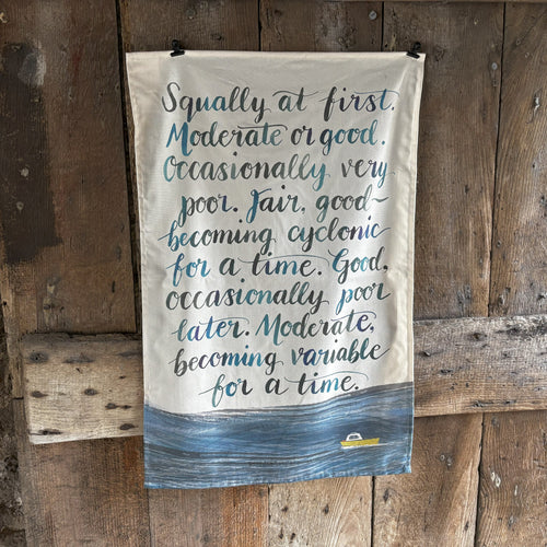 Shipping Forecast Tea Towel by Alice Savery of Alice Draws the Line, using iconic words and phrases this is a humorous take on the well loved Shipping Forecast .