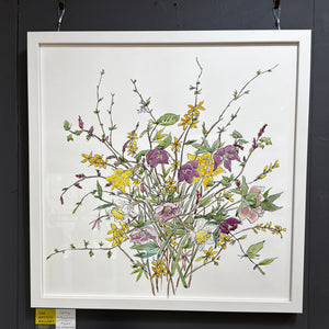 Spring Enthusiasm flowers - forsythia, hellebores, flowering currant, daffodils, winter honeysuckle bouquet. Modern botanical illustration by Alice Savery of Alice Draws the Line