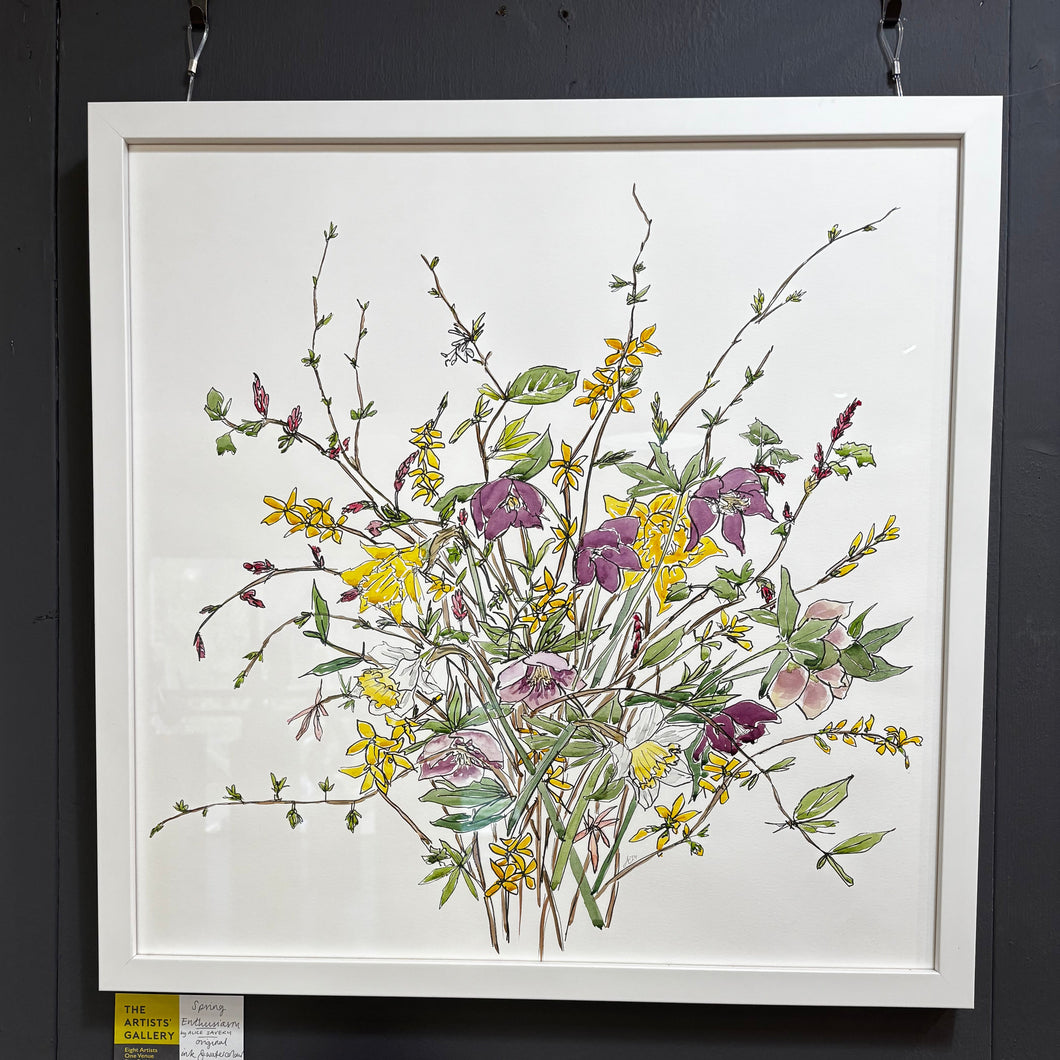 Spring Enthusiasm flowers - forsythia, hellebores, flowering currant, daffodils, winter honeysuckle bouquet. Modern botanical illustration by Alice Savery of Alice Draws the Line