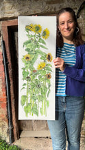 Load image into Gallery viewer, Sunflowers art print by Alice Savery of Alice Draws the Line, available to order in a range of sizes. Original is ink and watercolour and painted from life. Botanical illustration wall art, modern botanical illustration for corporate spaces and care homes