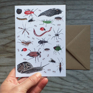 Bug card by Alice Draws The Line, mini-beasts galore, blank inside and printed on recycled card
