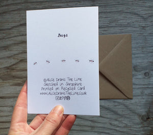 Bug card by Alice Draws The Line, mini-beasts galore, blank inside and printed on recycled card