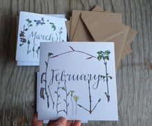 Load image into Gallery viewer, botanical calendar cards by Alice Draws The Line, recycled card, blank inside