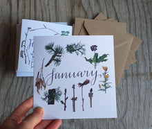 Load image into Gallery viewer, botanical calendar cards by Alice Draws The Line, recycled card, blank inside