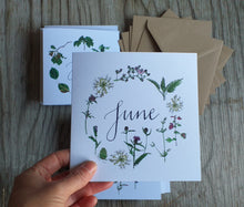Load image into Gallery viewer, botanical calendar cards by Alice Draws The Line, recycled card, blank inside