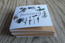 Load image into Gallery viewer, botanical calendar cards by Alice Draws The Line, recycled card, blank inside