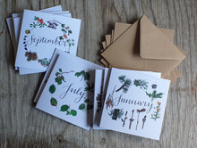 Load image into Gallery viewer, botanical calendar cards by Alice Draws The Line, recycled card, blank inside