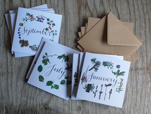botanical calendar cards by Alice Draws The Line, recycled card, blank inside
