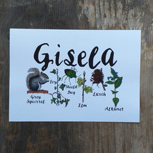 Load image into Gallery viewer, Woodland Alphabet Name Print with flora and fauna illustrations for each letter of the name, birth print, name print, nursery print, christening gift,