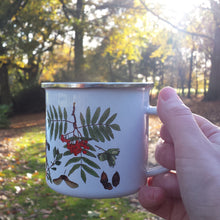 Load image into Gallery viewer, Autumn enamel mug by Alice Draws The Line, forest gift, enamel mug with Autumn / fall fruits, seeds and nuts