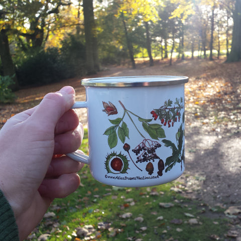 Autumn enamel mug by Alice Draws The Line, forest gift, enamel mug with Autumn / fall fruits, seeds and nuts