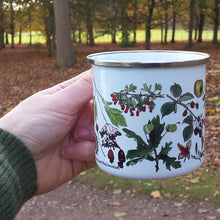 Load image into Gallery viewer, Autumn enamel mug by Alice Draws The Line, forest gift, enamel mug with Autumn / fall fruits, seeds and nuts