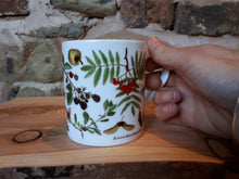 Load image into Gallery viewer, Autumn / Fall China mug by Alice Draws The Line. This is the Autumn / Tree-mendous design with lots of woodland fruit, nuts and seeds.