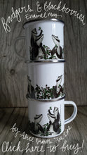 Load image into Gallery viewer, Badgers picking Blackberries enamel mug by Alice Draws the Line