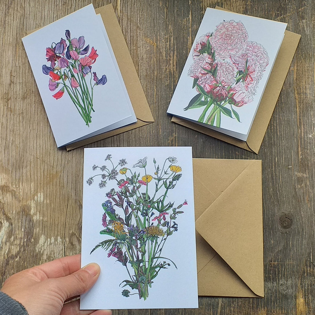 Botanical Bouquet card collection by Alice Draws the Line, set of 3 floral greeting cards, blank inside