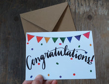 Load image into Gallery viewer, Rainbow bunting Congratulations card by Alice Draws the Line hand lettering greeting card