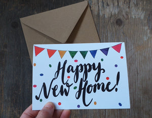 Rainbow bunting Happy New Home card by Alice Draws the Line hand lettering greeting card