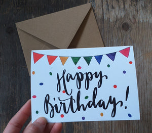 Rainbow bunting Happy Birthday card by Alice Draws the Line hand lettering greeting card