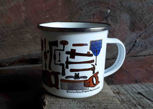 Carpentry Cup by Alice Draws the Line, Traditional woodworking tools on an enamel mug