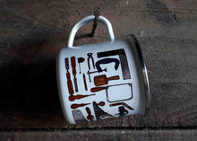 Load image into Gallery viewer, Carpentry Cup by Alice Draws the Line, Traditional woodworking tools on an enamel mug