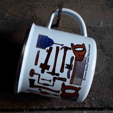 Load image into Gallery viewer, Carpentry Cup by Alice Draws the Line, Traditional woodworking tools on an enamel mug