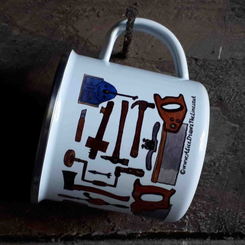 Carpentry Cup by Alice Draws the Line, Traditional woodworking tools on an enamel mug